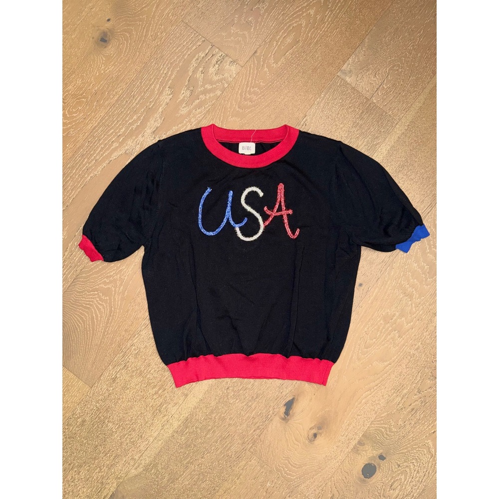 BIBI USA Graphic Knit Short Sleeve Sweater Black Red Blue XL Patriotic